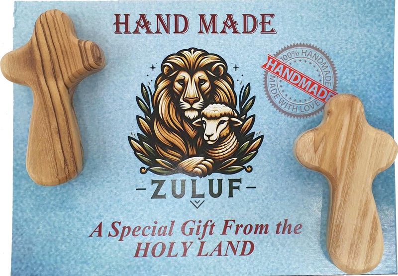 Zuluf Two Small Olive Wood Crosses Pocket Holding Comfort Crosses | Handheld Comforting Design for Clutching, Clinging and With Two Holy Land Certificates 6cm / 2.5 Inch Each Cross - CRS094 - Image 4